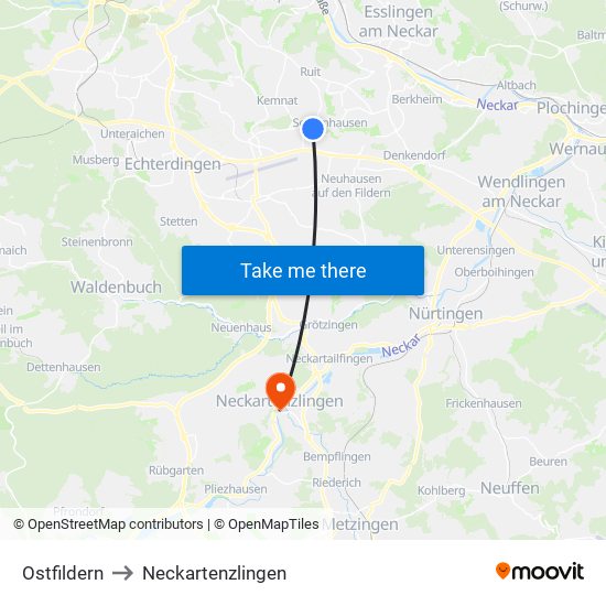 Ostfildern to Neckartenzlingen map