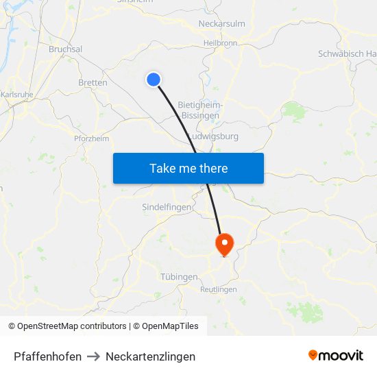 Pfaffenhofen to Neckartenzlingen map