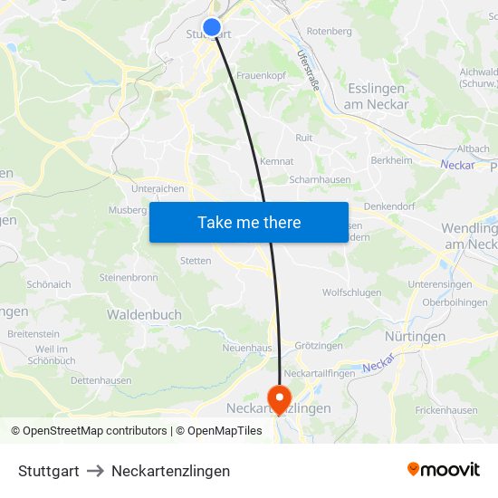 Stuttgart to Neckartenzlingen map