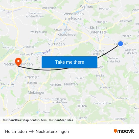 Holzmaden to Neckartenzlingen map