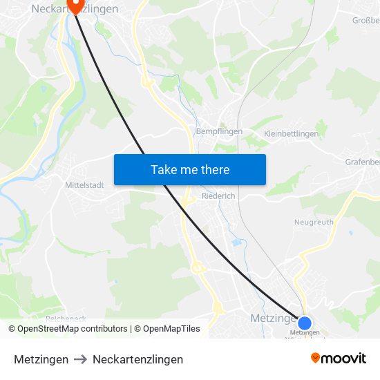 Metzingen to Neckartenzlingen map