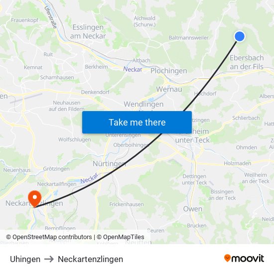 Uhingen to Neckartenzlingen map