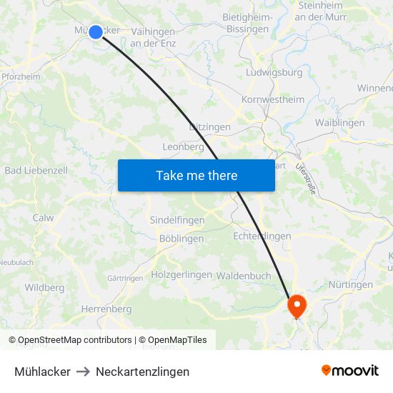 Mühlacker to Neckartenzlingen map