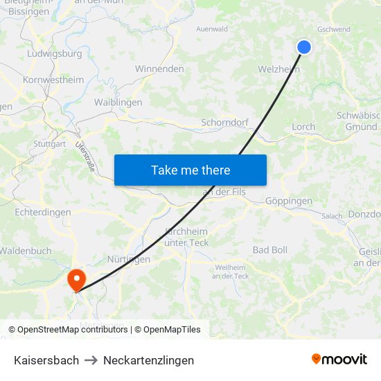 Kaisersbach to Neckartenzlingen map