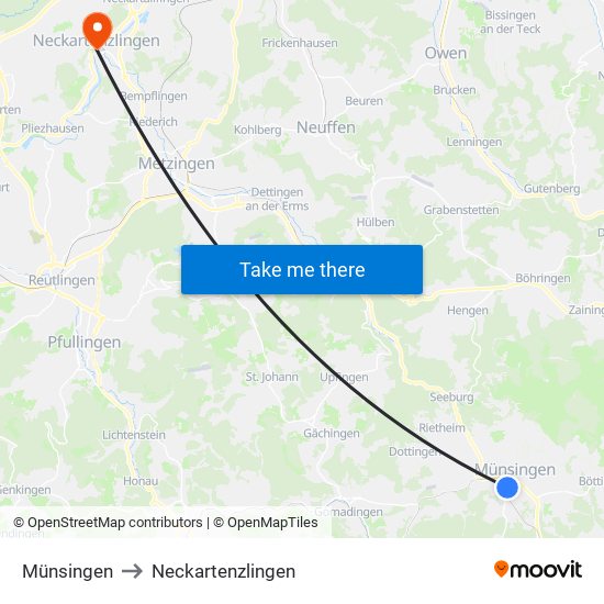 Münsingen to Neckartenzlingen map