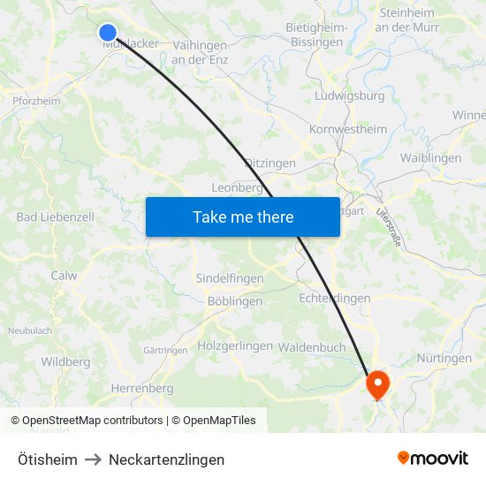 Ötisheim to Neckartenzlingen map