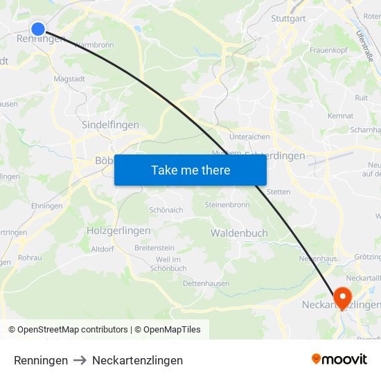 Renningen to Neckartenzlingen map