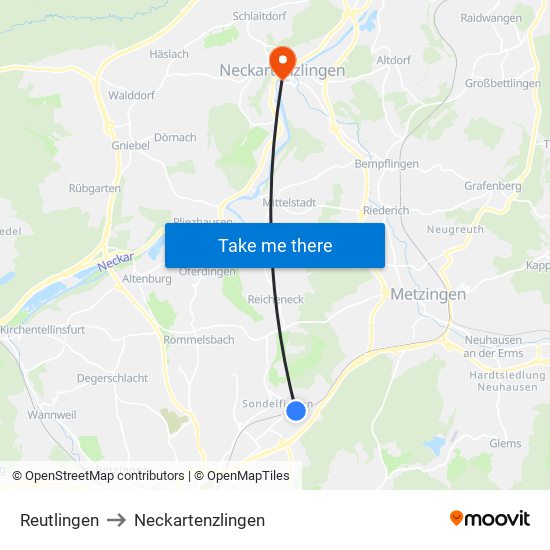 Reutlingen to Neckartenzlingen map