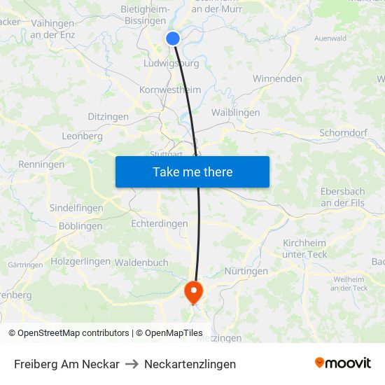 Freiberg Am Neckar to Neckartenzlingen map