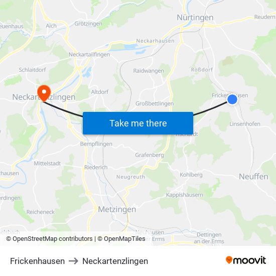 Frickenhausen to Neckartenzlingen map