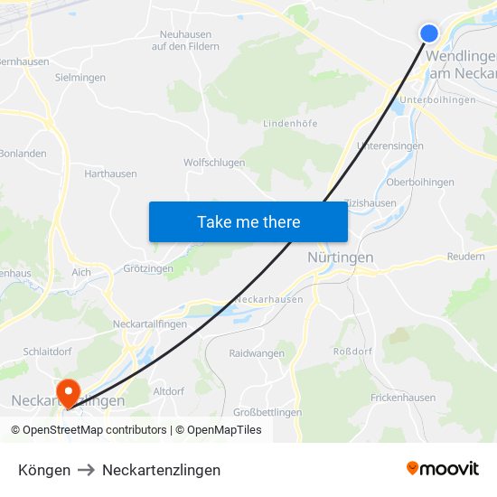 Köngen to Neckartenzlingen map