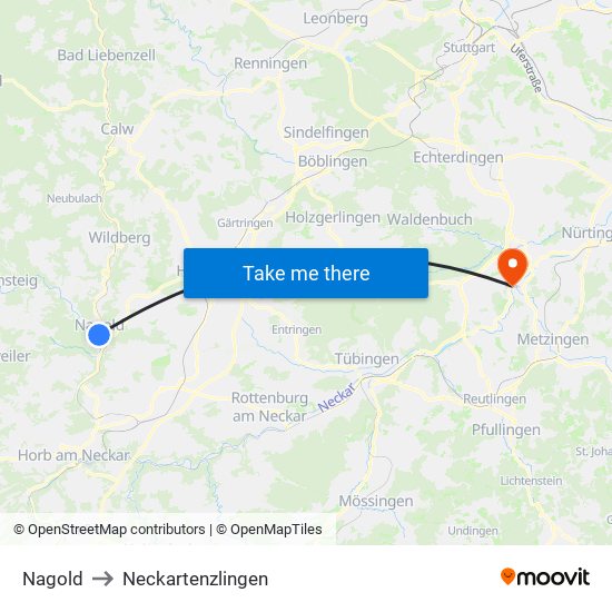 Nagold to Neckartenzlingen map