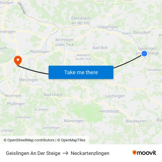 Geislingen An Der Steige to Neckartenzlingen map