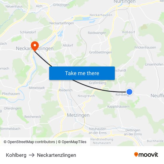 Kohlberg to Neckartenzlingen map