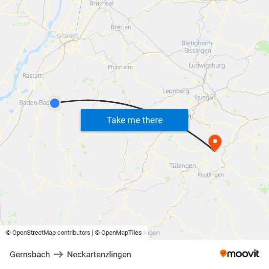 Gernsbach to Neckartenzlingen map