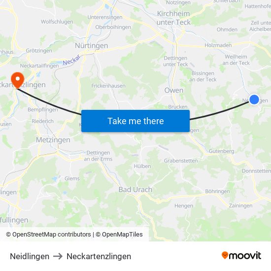 Neidlingen to Neckartenzlingen map