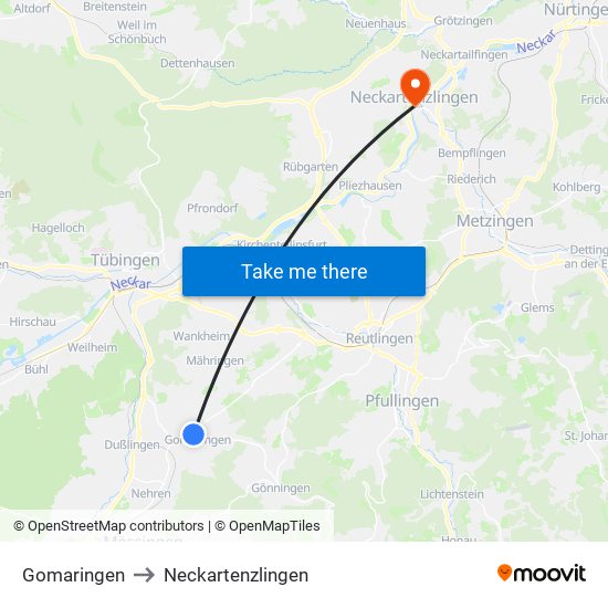 Gomaringen to Neckartenzlingen map