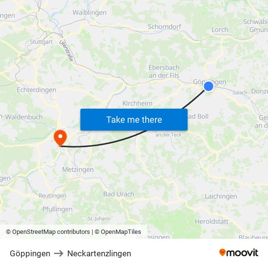 Göppingen to Neckartenzlingen map