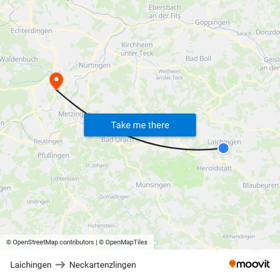 Laichingen to Neckartenzlingen map