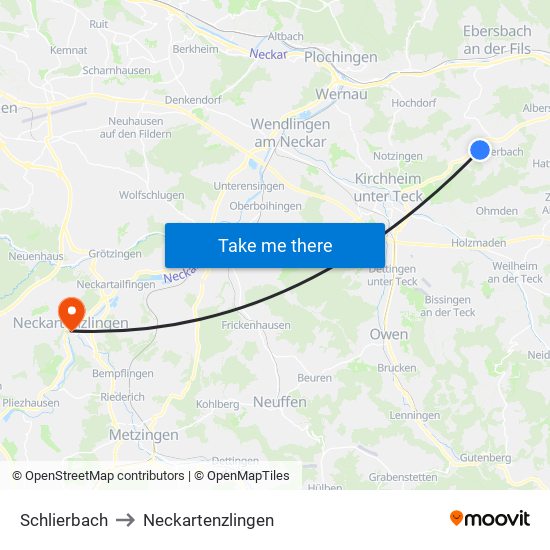 Schlierbach to Neckartenzlingen map