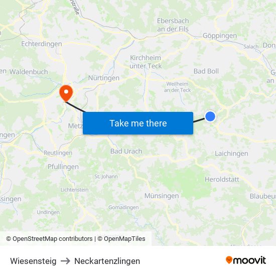 Wiesensteig to Neckartenzlingen map