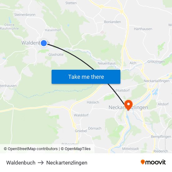 Waldenbuch to Neckartenzlingen map