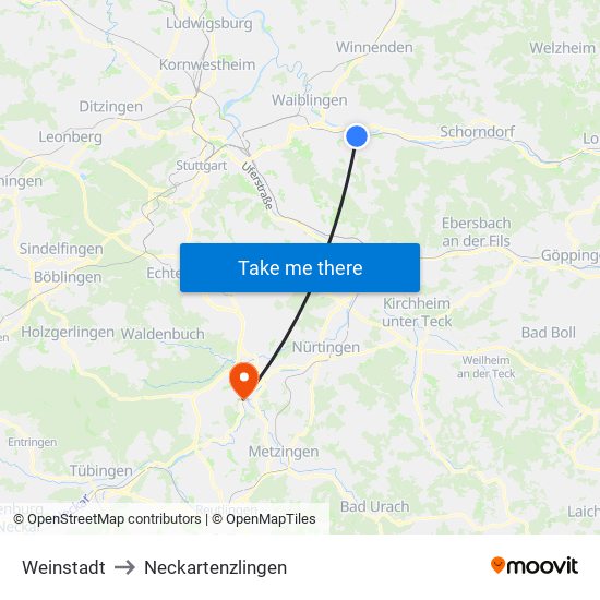 Weinstadt to Neckartenzlingen map