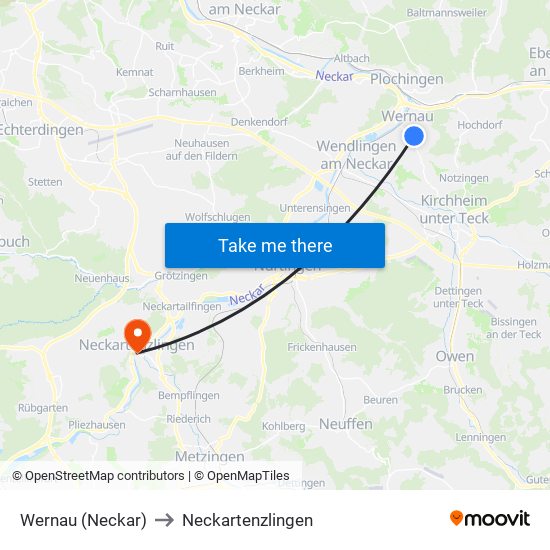 Wernau (Neckar) to Neckartenzlingen map