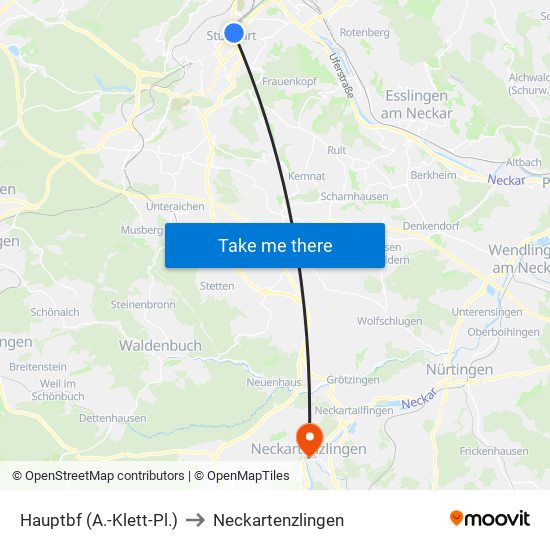 Hauptbf (A.-Klett-Pl.) to Neckartenzlingen map