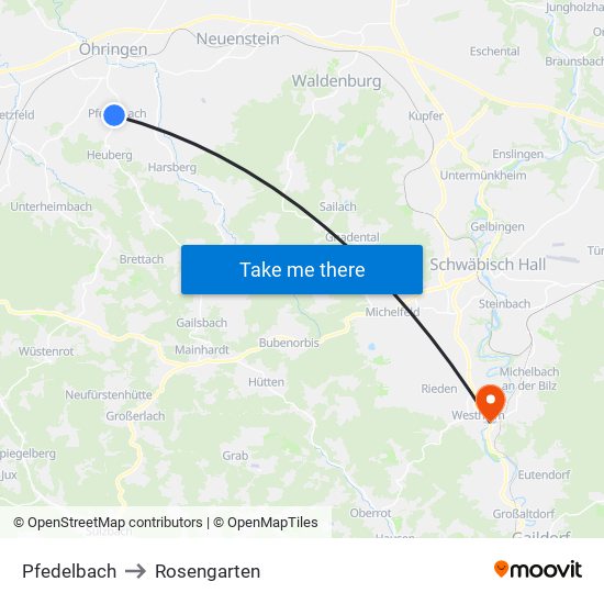 Pfedelbach to Rosengarten map