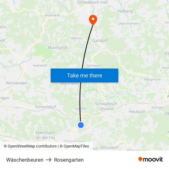 Wäschenbeuren to Rosengarten map