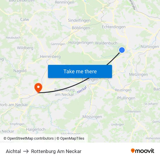 Aichtal to Rottenburg Am Neckar map