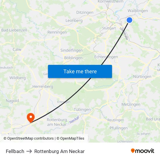 Fellbach to Rottenburg Am Neckar map