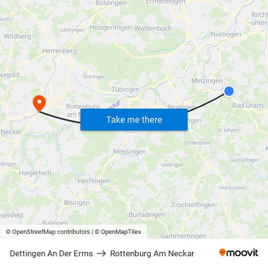 Dettingen An Der Erms to Rottenburg Am Neckar map