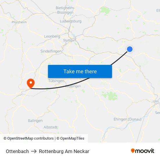 Ottenbach to Rottenburg Am Neckar map