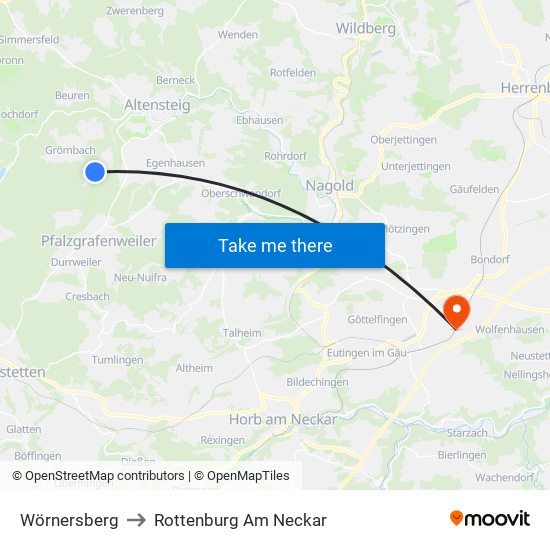 Wörnersberg to Rottenburg Am Neckar map