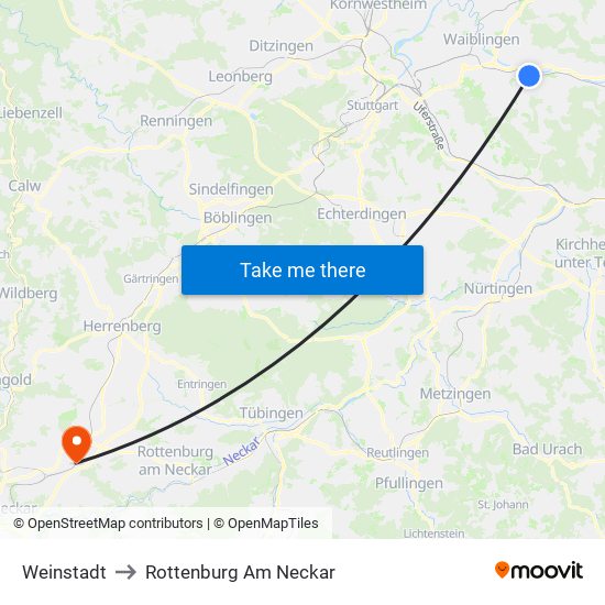 Weinstadt to Rottenburg Am Neckar map