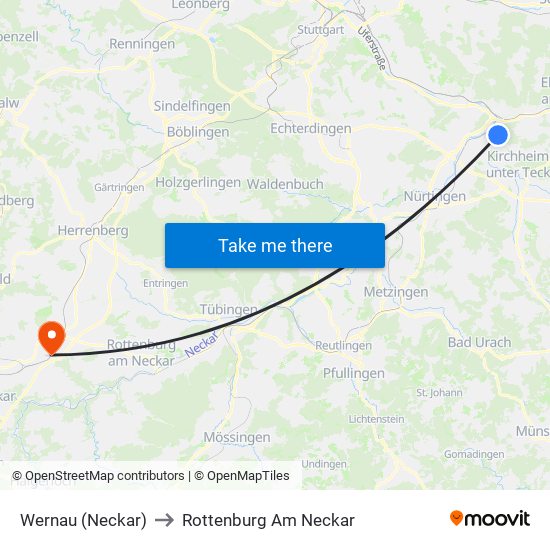 Wernau (Neckar) to Rottenburg Am Neckar map