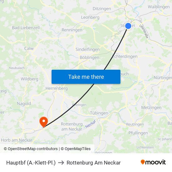 Hauptbf (A.-Klett-Pl.) to Rottenburg Am Neckar map