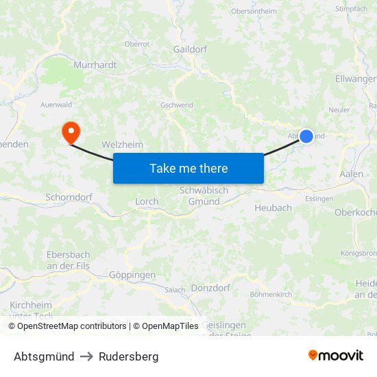 Abtsgmünd to Rudersberg map