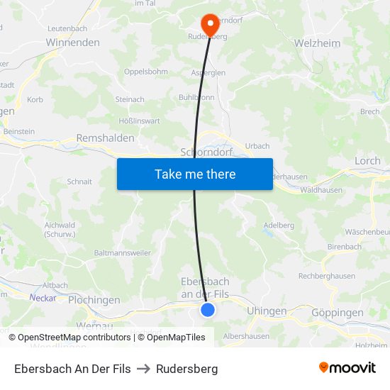 Ebersbach An Der Fils to Rudersberg map