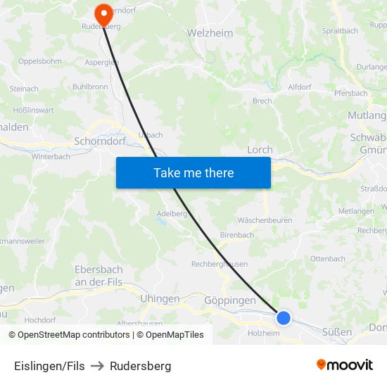 Eislingen/Fils to Rudersberg map