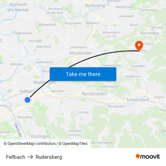 Fellbach to Rudersberg map