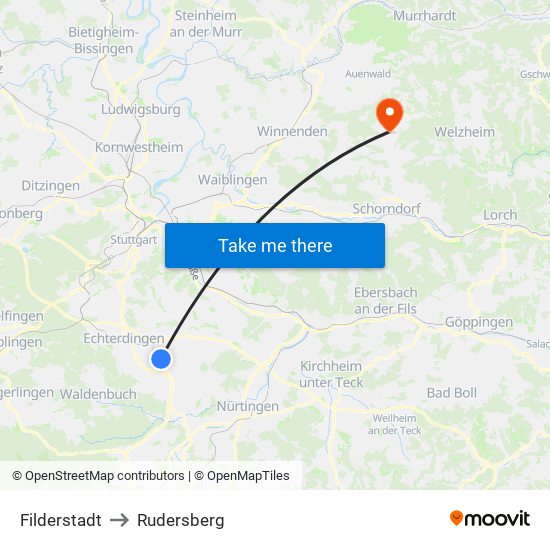 Filderstadt to Rudersberg map