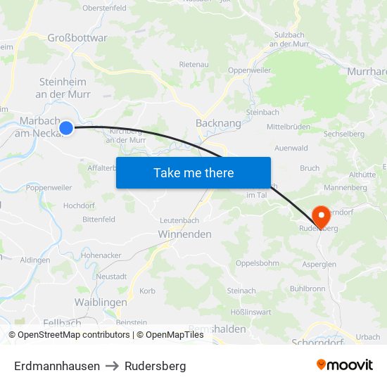 Erdmannhausen to Rudersberg map
