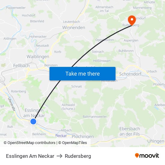 Esslingen Am Neckar to Rudersberg map