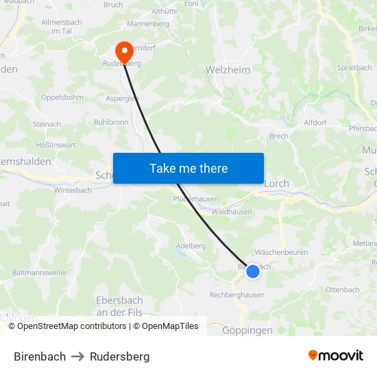 Birenbach to Rudersberg map