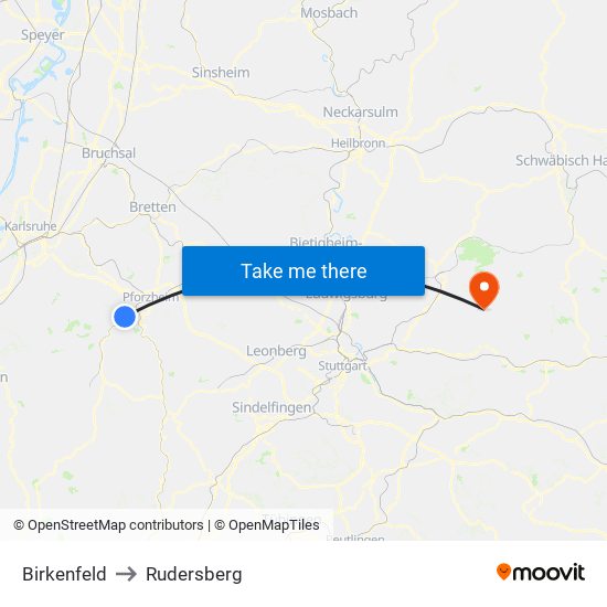 Birkenfeld to Rudersberg map