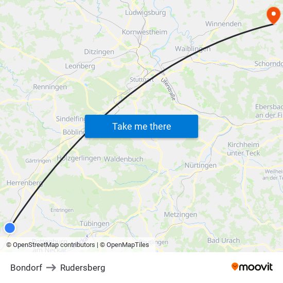 Bondorf to Rudersberg map
