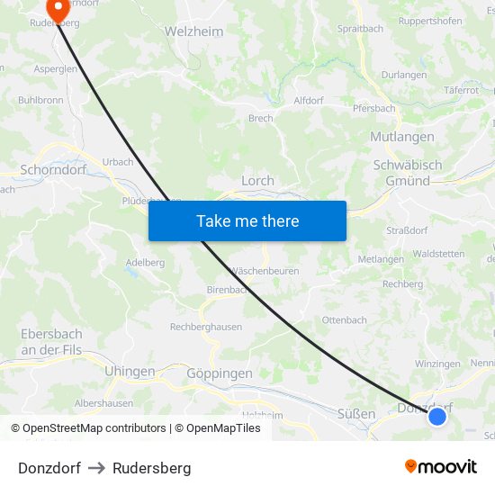 Donzdorf to Rudersberg map